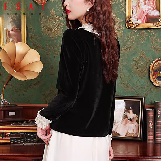 FSAT French style gold velvet top, noble and stylish black shirt, women's 2025 new autumn and winter European shirt, black XL 115-125Jin Jin is equal to 0.5 kg