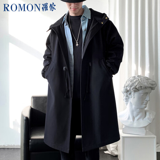 ROMON men's windbreaker mid-length business men's hooded coat loose large size men's autumn cloak khaki M
