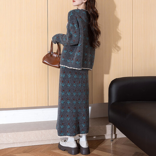 TonLion 2025 autumn and winter retro style pattern cardigan sweater and skirt two-piece women's suit