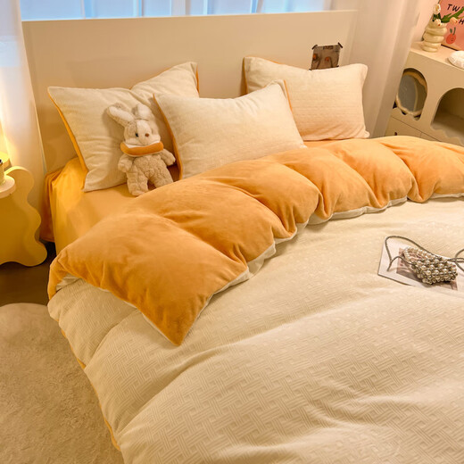 La Chapelle milk velvet four-piece set winter 2025 new flannel baby bed sheet quilt cover bedding woven pattern-white orange bed sheet style 1.5m four-piece set