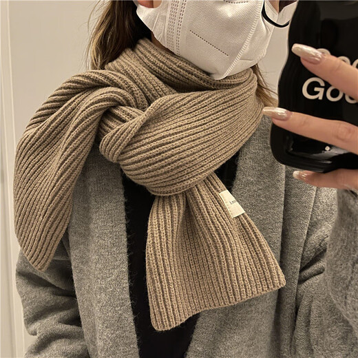 Korean style autumn and winter knitted wool scarf for women, versatile and warm, solid color scarf for students, couple, coffee color, red
