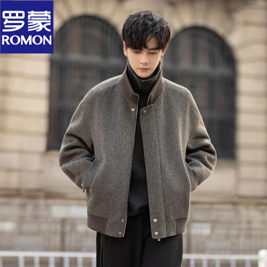 ROMON stand collar woolen coat men's 2026 new double-sided woolen woolen coat short loose zipper jacket top black gray M
