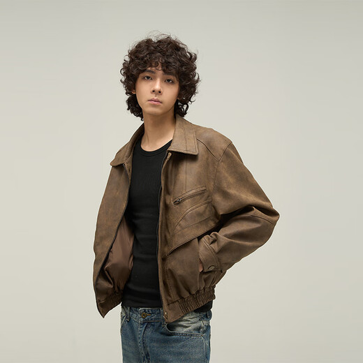 Weilang's shop American brown distressed leather jacket men's trendy brand handsome retro Maillard cotton jacket couple New Year Brown L