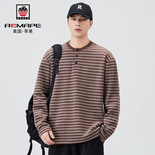 AEMAPE American Apple American retro 360g heavy cotton sweatshirt men's autumn new knitted striped sea soul sweater Henry Brown M 100-120Jin Jin equals 0.5 kg