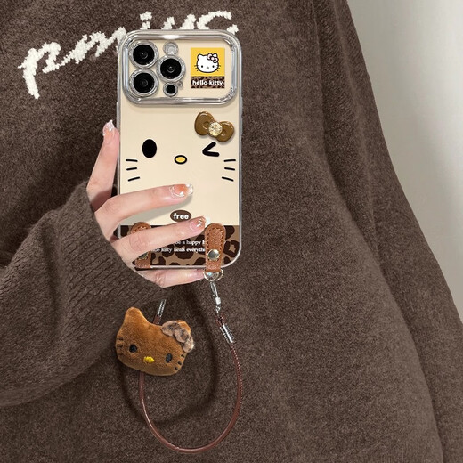 Vinion is suitable for Apple 17promax mobile phone case, new large window iPhone16ProKt cat lanyard 15plus all-inclusive anti-fall 14 senior women 13 with lanyard 12 personality 11 electroplated large window - antique white - leopard print Kt cat + doll + leather buckle + lanyard iPhone 17 Pro