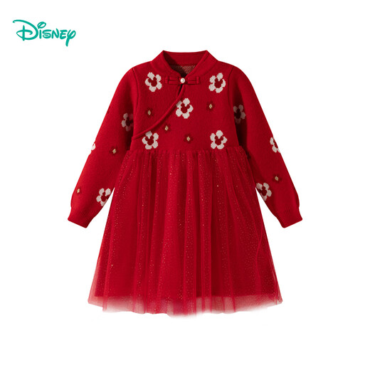 Disney Children's Clothing Girls Autumn, Winter and New Year Style Chinese Style Soft, Warm and Comfortable National Style New Style Knitted Dress Big Red 101