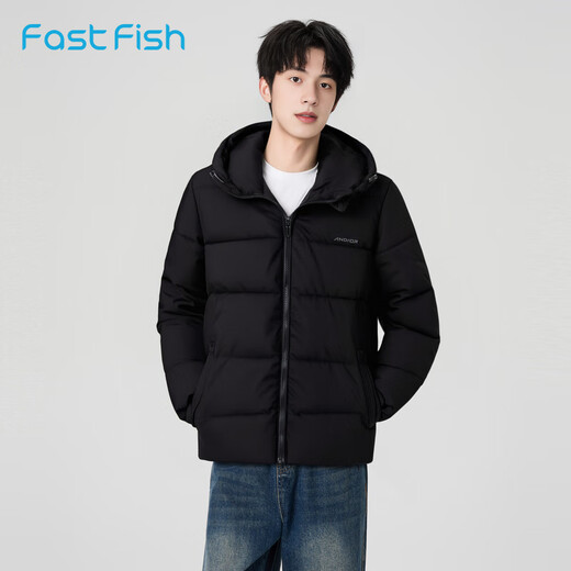 Kuaiyu Hooded Short Cotton Jacket Men's 2025 New Winter Lightweight Jacket Slim Casual Printed Men's Jacket Top Black XL