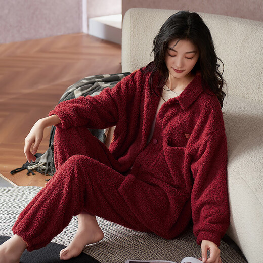 Yalu Couple Pajamas Women's Coral Velvet Autumn and Winter Plus Velvet Thickened Suit Wedding Newlywed Men's Winter Red Home Clothes TM52209 Female M Yes x