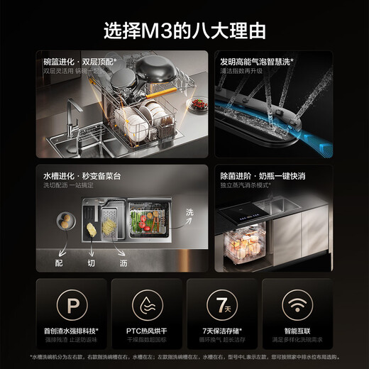 FOTILE 02-M3 sink dishwasher double layer 10 sets of washable pots can be placed flexibly. The top is equipped with pots and bowls for washing and retrieving at the same time without bending to wash seafood, fruit and vegetable residues. Water is forced to drain. Stainless steel double sink. Dishwasher on the right 02-M3 (10 sets)