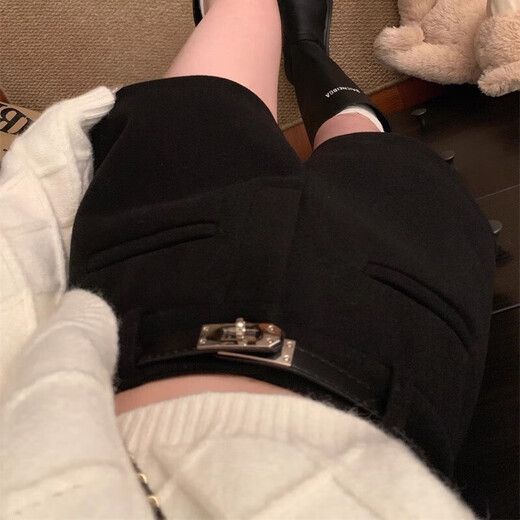 FOX.G Black Woolen Shorts Women's Autumn and Winter Outer Wear Women's 2025 New High Waisted A-Line Casual Leggings Hot Pants Double Pocket Woolen Shorts Black No Belt M Recommended 105 Jin Jin equals within 0.5 kg