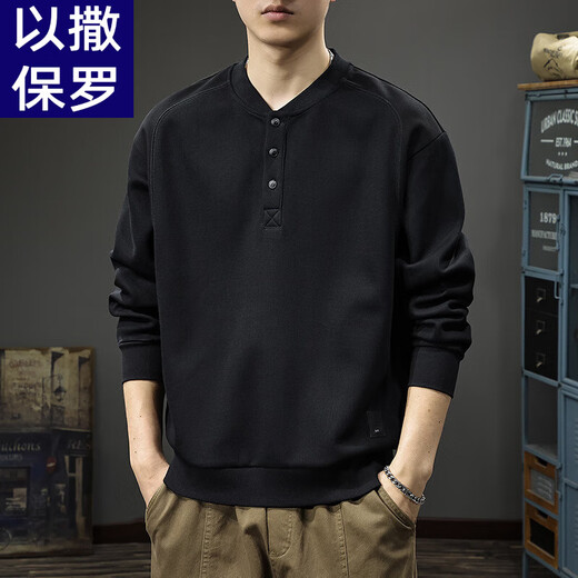 Isaac Paul (YISABAOLUO) autumn and winter velvet American retro Henry collar sweatshirt men's heavyweight trendy brand half cardigan coat loose long-sleeved POLO shirt black velvet M _Suitable weight 90-130Jin Jin is equal to 0.5 kg