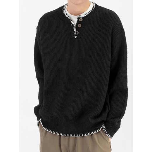 Henry collar sweater for men and women in autumn and winter thick warm sweater black niche lazy design long-sleeved top black L