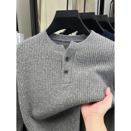 TOMMY JEANS Tommy Gray American Heavy Thick Needle Henley Neck Sweater Men's Autumn and Winter Feeling Lazy Wind Bottoming Sweater Loose White Gray M