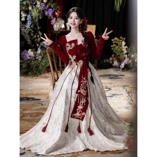 LNGA LANDGRE toasting dress large size fat mm slimming bridal style light luxury long-sleeved new Chinese style wedding engagement homecoming dress burgundy 2XL _140Jin Jin equals 0.5kg -150Jin Jin equals 0.5kg