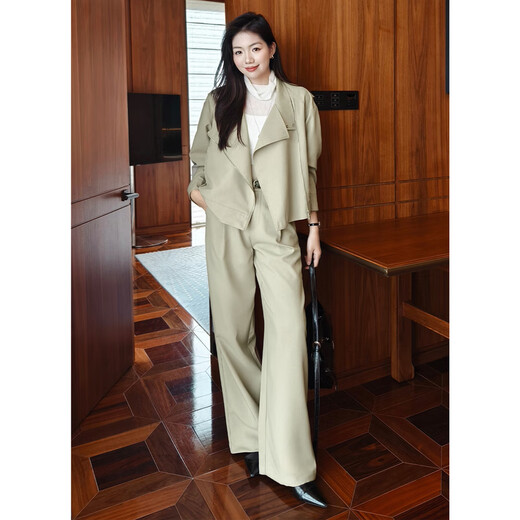 MEIYANG Melbourne No. 6 Suit Hemp texture commuting casual lapel jacket trousers cool and cool temperament autumn new gray green (jacket + casual pants regular version) L