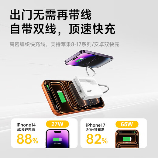 W&P new national standard 3C certification can be used on airplanes 65W power bank 20000 mAh comes with two-wire AC plug fast charging three-in-one mobile power supply suitable for Apple 17 Huawei Xiaomi WP