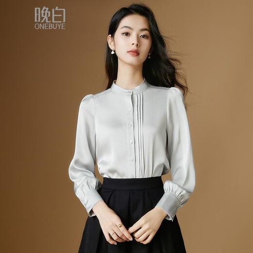 Late White New Product French Satin Versatile Shirt Women's 2025 Temperament Shirt Versatile Top Silver Gray L