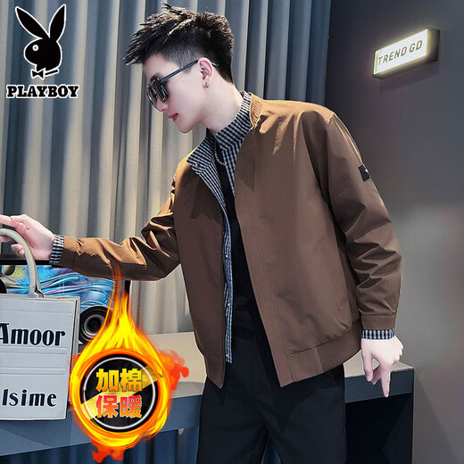 Playboy spring and autumn vacation two-piece jacket men's stand-up collar clothes 2025 new autumn and winter plus velvet men's high-end jacket trendy coffee color 8157-fake two-piece jacket high quality L
