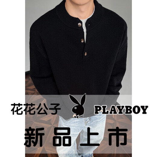 Playboy (PLAYBOY) old money style Henry collar sweater men's spring and autumn loose trendy heavyweight sweater trendy brand-style youth jacket floral gray M