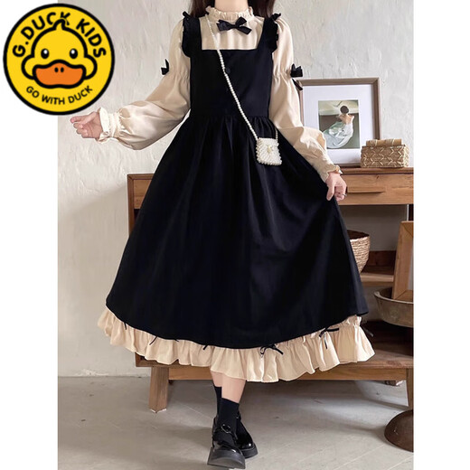 G.duck Girls' French Bow Dress Autumn and Winter Puff Sleeve Lolita Suspender Dress Fake Two-piece Dress Black 120 cm
