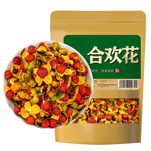 Getrocknete Blumen von Albizia Julibrissin, chinesische Heilstoffe helfen He Huanhua-Tee, die Nerven zu beruhigen, Wolfsbeeren- und Huanhua-Mian-Tee in Wasser eingeweicht, Albizia Julibrissin 100 g