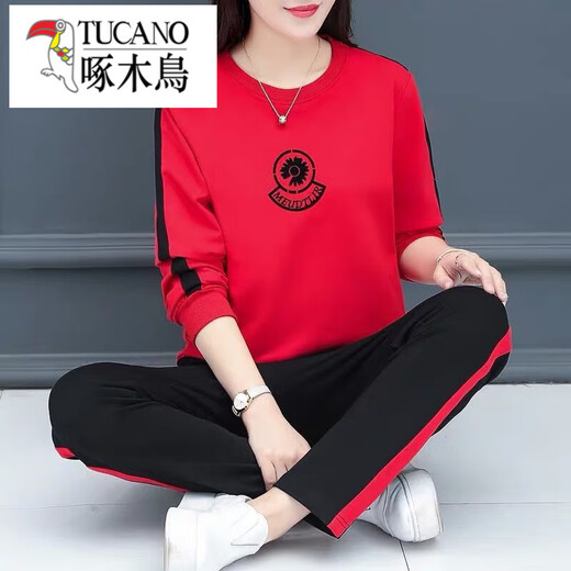 Woodpecker (TUCANO) Spring and Summer Casual Sports Suit for Women 2025 New Loose Fashionable Large Size Western Style Autumn Two-piece Set Trendy 686 Black Short Sleeve Shorts L (Recommended 95-110 Jin Jin is equal to 0.5 kg)
