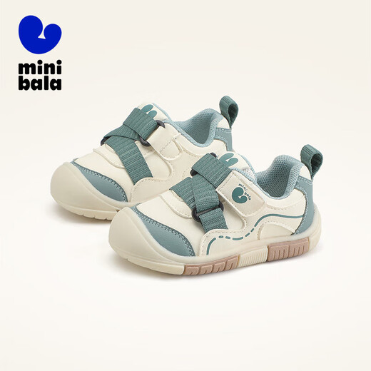 Minibala children's shoes, children's toddler shoes, autumn new baby lightweight and comfortable casual soft-soled non-slip functional shoes for boys and girls, white and green, size 21, suitable for feet length 13.0-13.5cm