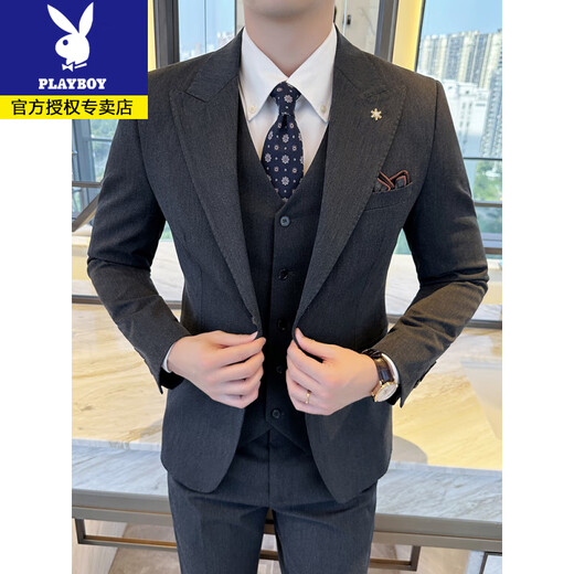 Playboy lapel two-button suit men's business casual solid color Korean slim fit groom's wedding suit three-piece black suit + trousers + vest 4XL (165-180Jin Jin equals 0.5 kg)