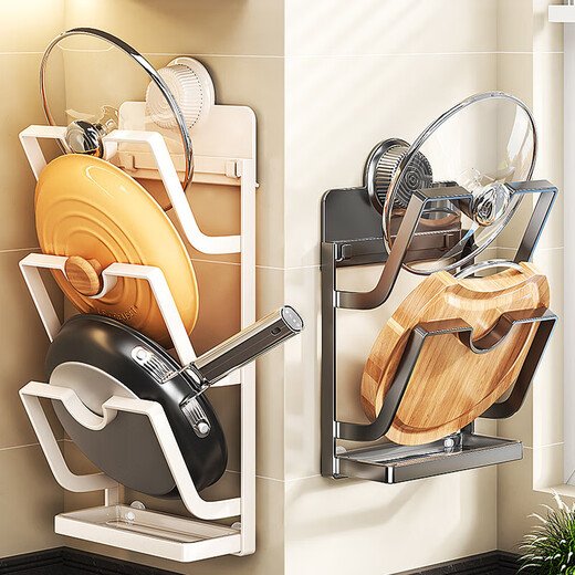 Suction cup pot lid rack, punch-free multi-layer storage rack, wall-mounted kitchen storage rack, multi-functional chopping board placer, nail-free three-layer pot lid rack, gun gray