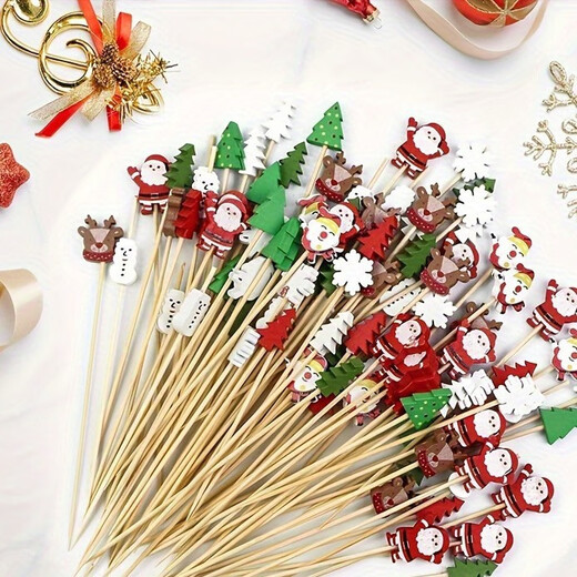 Zi Jiafu Christmas bamboo skewers candied haws skewers cedar Santa Claus combination fruit skewers household commercial disposable fruit forks Christmas mixed style (/pack) 100 pieces 12cm