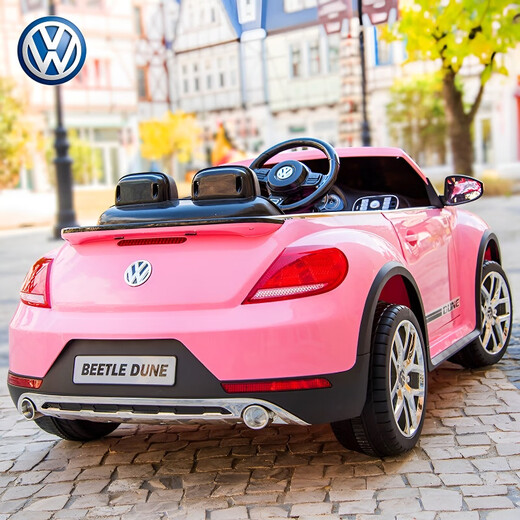 Yijing Volkswagen Beetle baby electric car four-wheel dual drive remote control swing toy car can seat baby and child luxury pink + soft tire + leather seat + remote control swing + Bluetooth music + portable pull rod