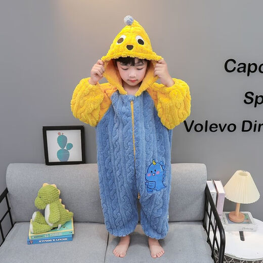 Children's flannel one-piece pajamas autumn and winter thickened boy's dinosaur romper baby coral velvet anti-kick sleeping bag to keep warm Green Dinosaur 80