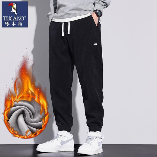 Woodpecker casual pants men's autumn and winter new loose sports leggings men's plus velvet warm corduroy versatile long pants for men 266 black plus velvet 2XL (recommended 150-160Jin Jin equals 0.5 kg)