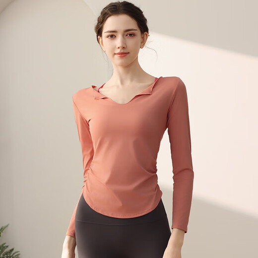 Yoga wear women's long-sleeved T-shirt temperament U-neck waist slimming sports long-sleeved Pilates training fitness top coral pink L