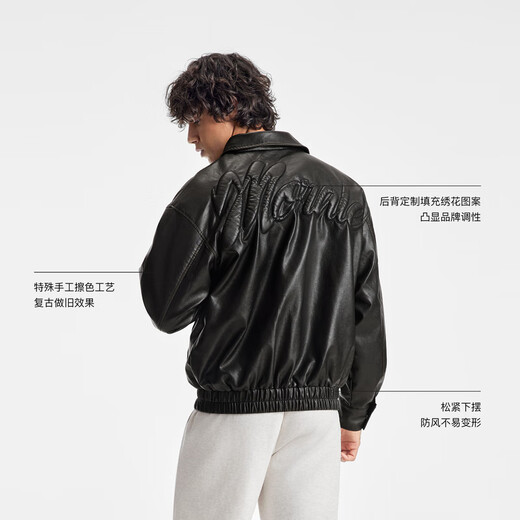 BODYDREAM Back Filled Embroidered Leather Jacket Men's Rubber Colored Distressed PU Leather Jacket Casual Loose Leather Jacket Black S 120Jin Jin equals within 0.5kg