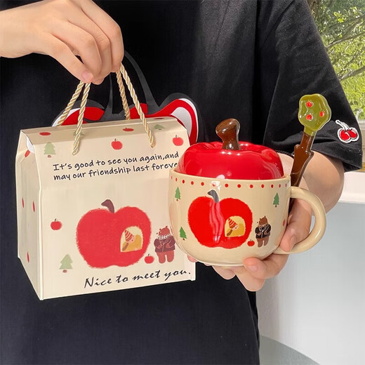 Fei Yue Gamak Cup Women's Apple Ceramic Cup with Lid 520 Christmas Gift for Girls and Girlfriends Birthday Couple Cup Apple Bear Mug Spoon Gift Box