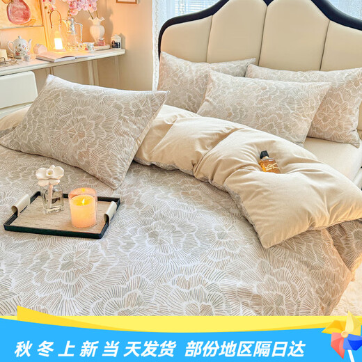 Mercury series home textile new 100% cotton four-piece set floral pure cotton brushed quick-warm autumn and winter thickened bed sheet duvet cover and fitted sheet three-piece set Flower Spike 100% cotton 1.5m fitted sheet set four-piece set 100% cotton