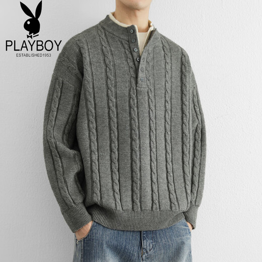 Playboy Thick Line Henley Collar Sweater Men's Autumn and Winter Lazy Twist Knitwear American Fake Two-Piece Bottoming Shirt Dark Gray XL