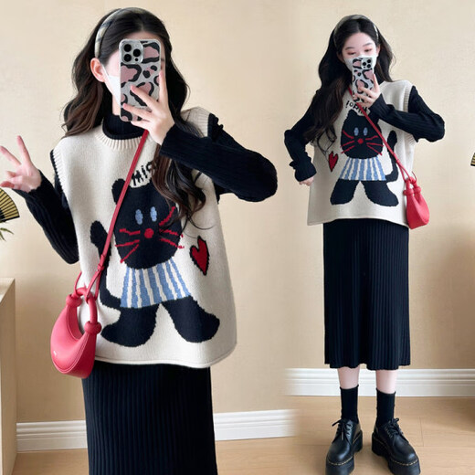 Ran Qiqi Maternity Suit Autumn and Winter New Knitted Dress Two-piece Loose Vest Winter Long Skirt Maternity Sweater Black Suit M