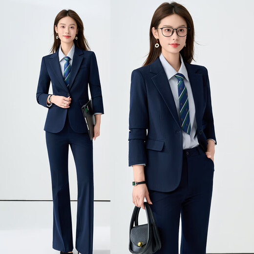 Chen Fu business suit suit for women, fashionable white-collar suit jacket, temperament goddess style commuting interview formal work clothes, navy suit + gray shirt + big leg pants L recommended 100-110 Jin Jin equals 0.5 kg