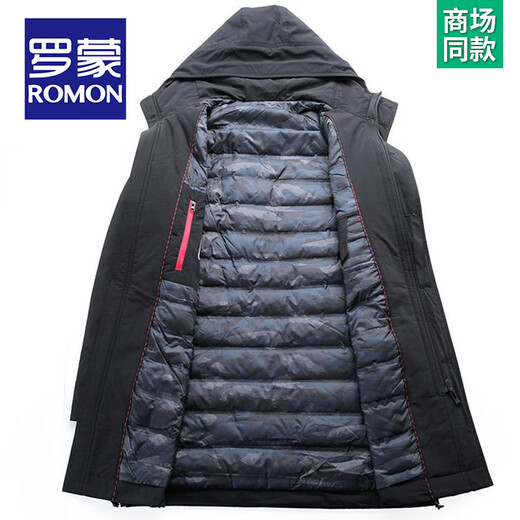 ROMON high-end hooded mid-length windbreaker men's autumn and winter new business casual middle-aged windproof warm thickened jacket men's down style YR6629972 black L /175 size