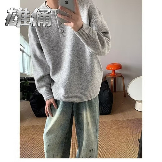Male figure gray henley collar sweater men's autumn and winter trendy brand lazy style knitted sweater cleanfit bottoming shirt GT6 light gray regular XL