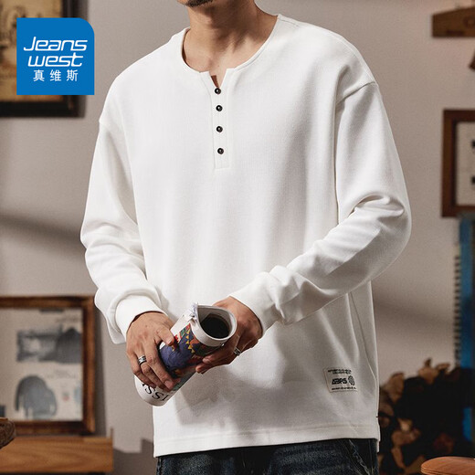 Jeanswest 2025 Autumn New Cotton Henley Collar Men's Sweater Loose Long Sleeve T-Shirt American Top T White Bottoming Shirt Black M