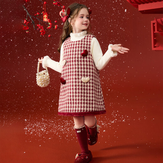 ASK JUNIOR Xiaoxiangfeng children's skirt winter children's bright silk velvet warm vest skirt girl's dress New Year's greetings dress