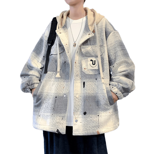 2025 Spring, Autumn and Winter New Plaid Jacket for Men and Teenagers Hooded Hong Kong Style Trendy Handsome Hooded Baseball Jacket Gray XL