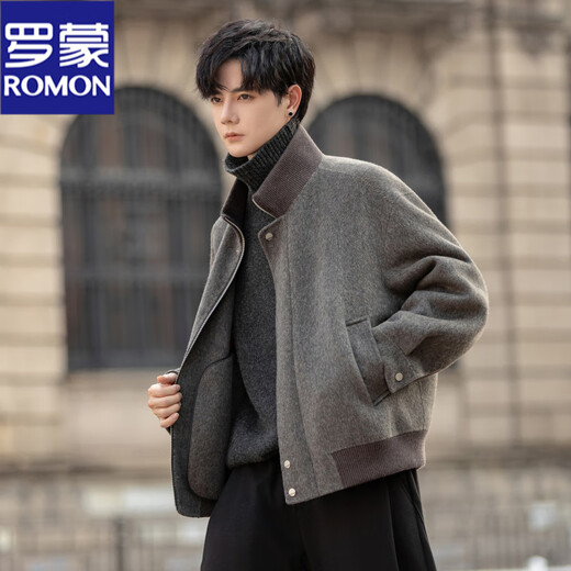 ROMON stand collar woolen coat men's 2026 new double-sided woolen woolen coat short loose zipper jacket top black gray M