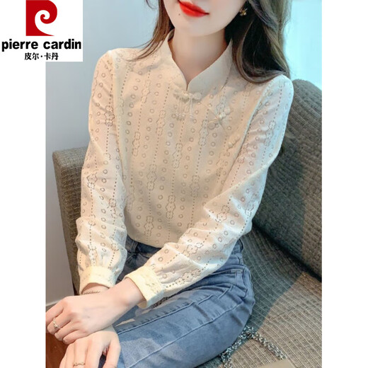 Pierre Cardin plus velvet thickened lace bottoming shirt for women autumn new button-down shirt long-sleeved shirt inner top apricot plus velvet M 95-105Jin Jin is equal to 0.5 kg