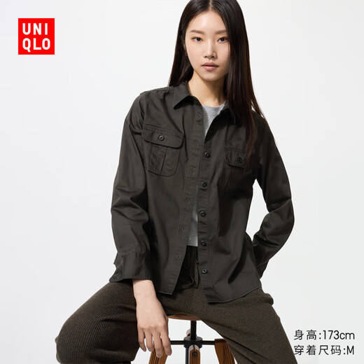 Uniqlo Women's Cotton Work Shirt/Long Sleeve Shirt Jacket 25 Autumn and Winter New Style 479579 57 Dark Olive 2XL