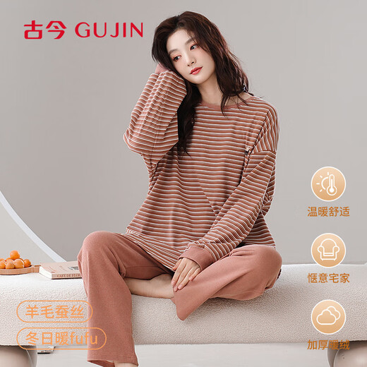 Ancient and modern DeRong wool silk moisturizing women's pajamas women's autumn and winter long-sleeved trousers warm home wear set L