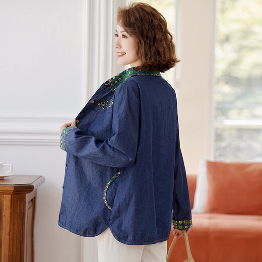 Paste denim shirt 2025 autumn new embroidered lapel middle-aged and elderly women's casual shirt navy blue 2XL